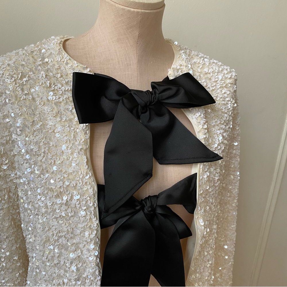H&M Ivory Sequin Cropped Jacket with Black Bow Ties - Picture 2 of 10